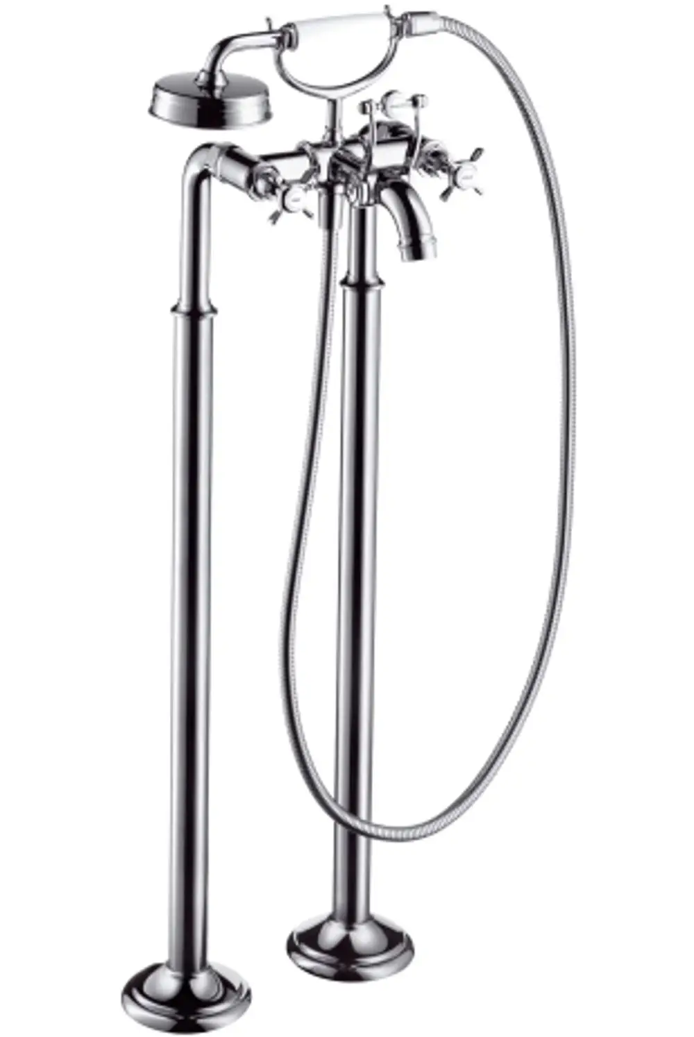 Bodenstehende Wannenarmatur mit Kreuzgriffen in Chrom, produziert von AXOR. Das Produkt kombiniert Funktionalität mit einem klaren Design.